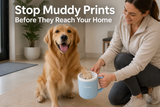 Woman and dog with a blue mug in a home setting, promoting product to stop muddy prints.